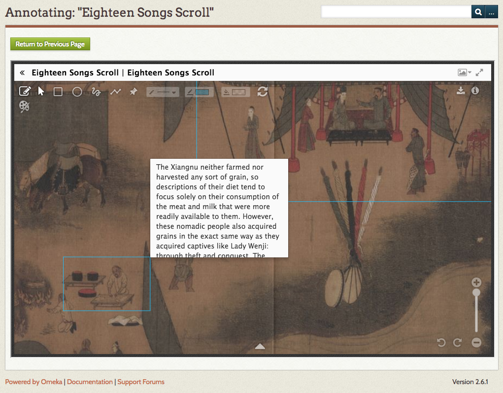 A screenshot of the Omeka IIIF Toolkit in use with Mirador 2 and IIIF annotations on the Eighteen Songs scroll